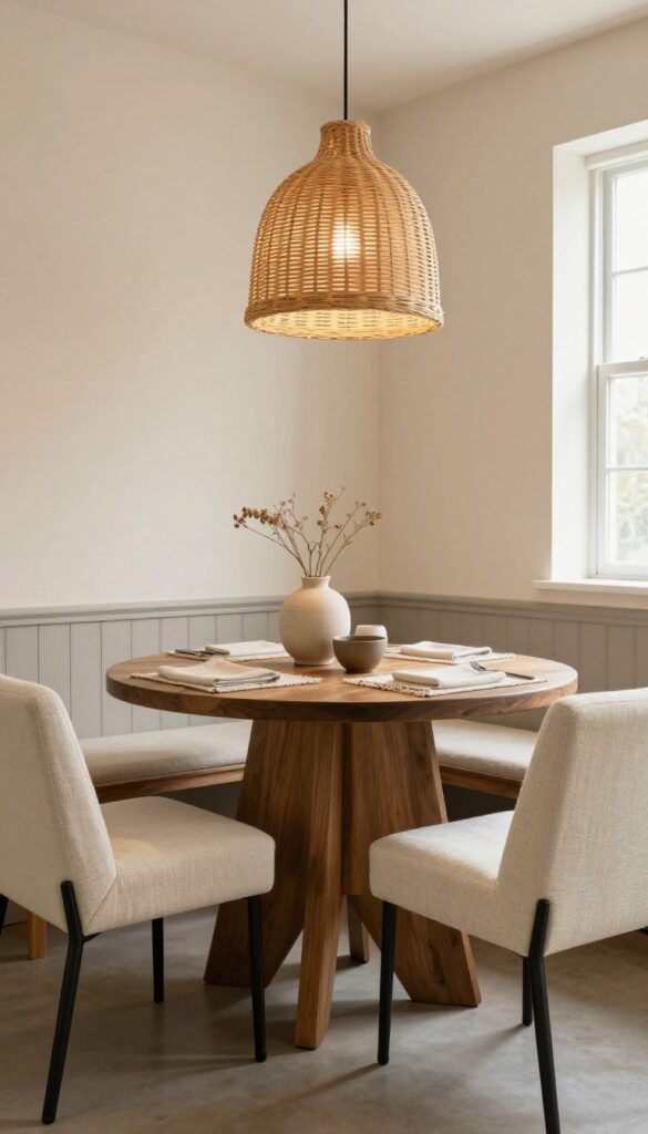 A cozy breakfast nook with a round wooden table, bench, and upholstered chairs, under a woven pendant light in a modern country kitchen.