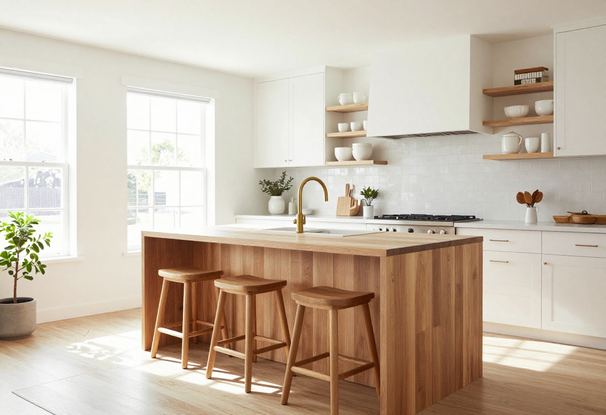 Warm modern kitchen with wood island, open shelving, and natural light