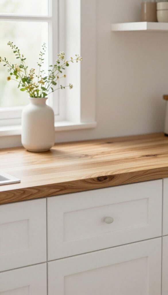 White shaker cabinets paired with warm butcher block countertop, close-up view with natural light and fresh herbs