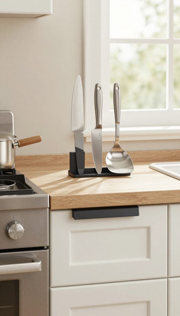 Magnetic strip on end of kitchen cabinet holding knives and utensils near stove