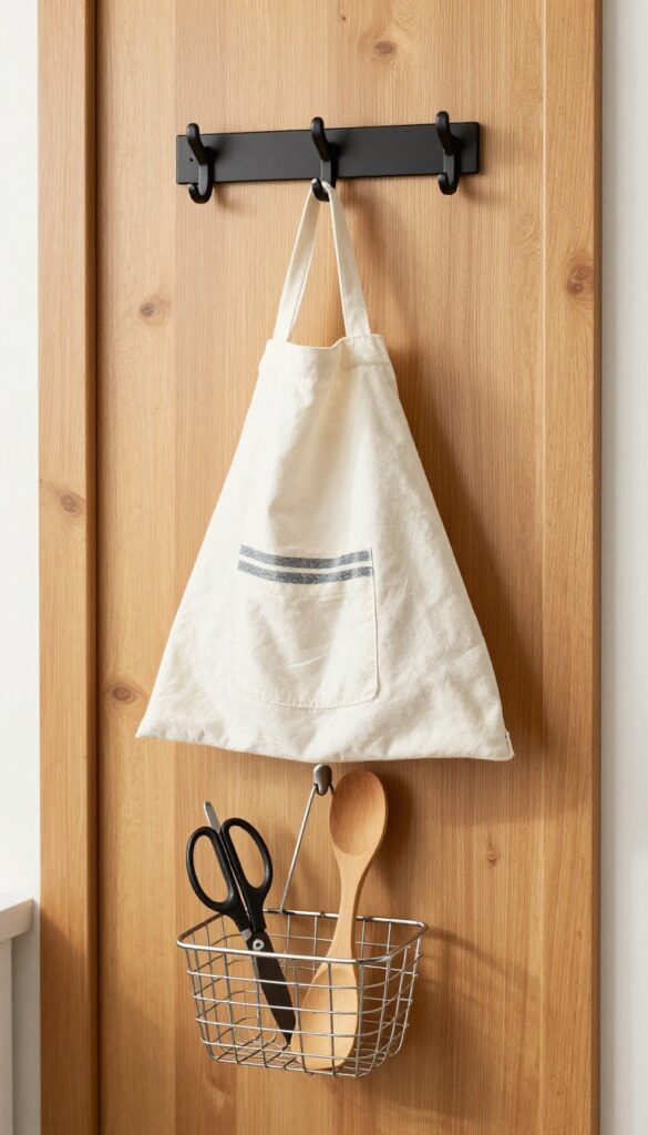 Over-the-door hooks on a kitchen door holding apron, dish towel, and bag with a small basket for tools