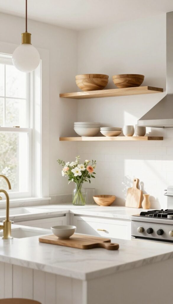Cozy kitchen with soft white warm walls, natural wood open shelves, brass pendant lights, marble countertop, and fresh flowers in natural light