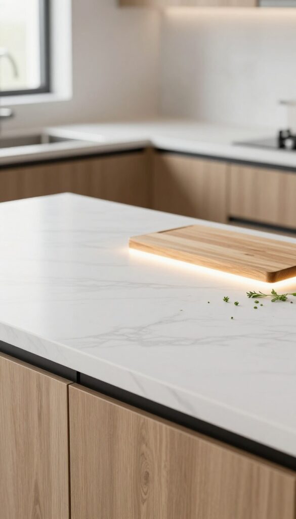 Under-cabinet LED strip lights illuminating a kitchen countertop with a warm glow
