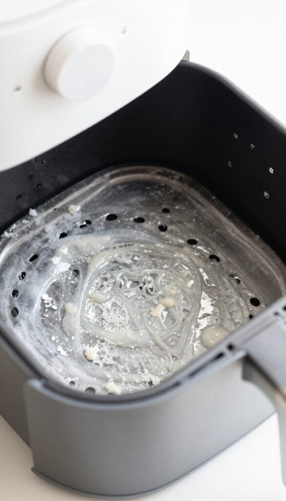 Air fryer basket and tray in freezer with frozen grease flakes