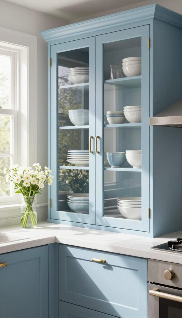 Gold-framed glass cabinet doors in a blue kitchen with neatly displayed blue and white dishes, natural light streaming in.