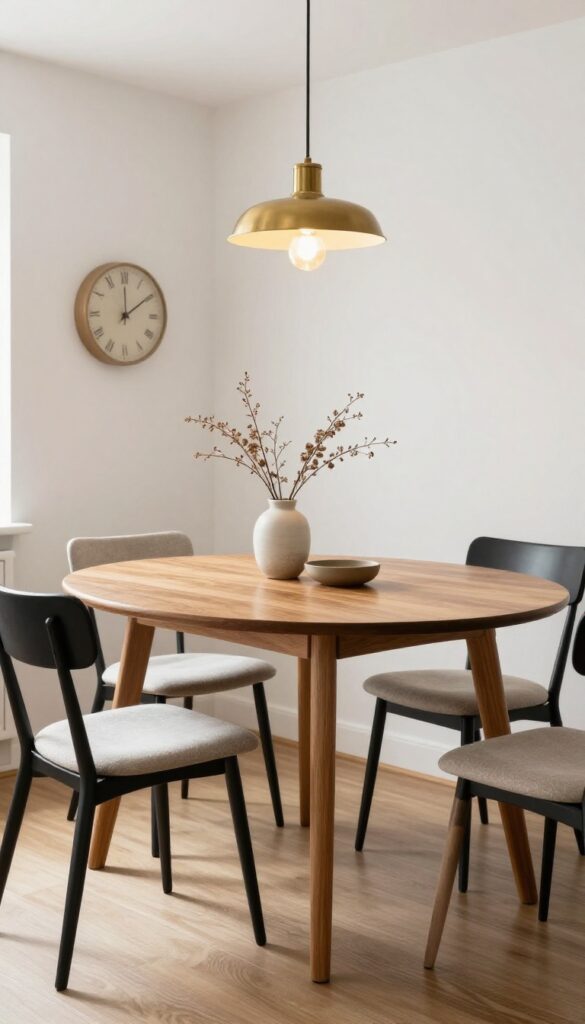 Mid-century modern kitchen table with walnut wood and black metal chairs, wool runner, and brass pendant light in a light and airy dining space.