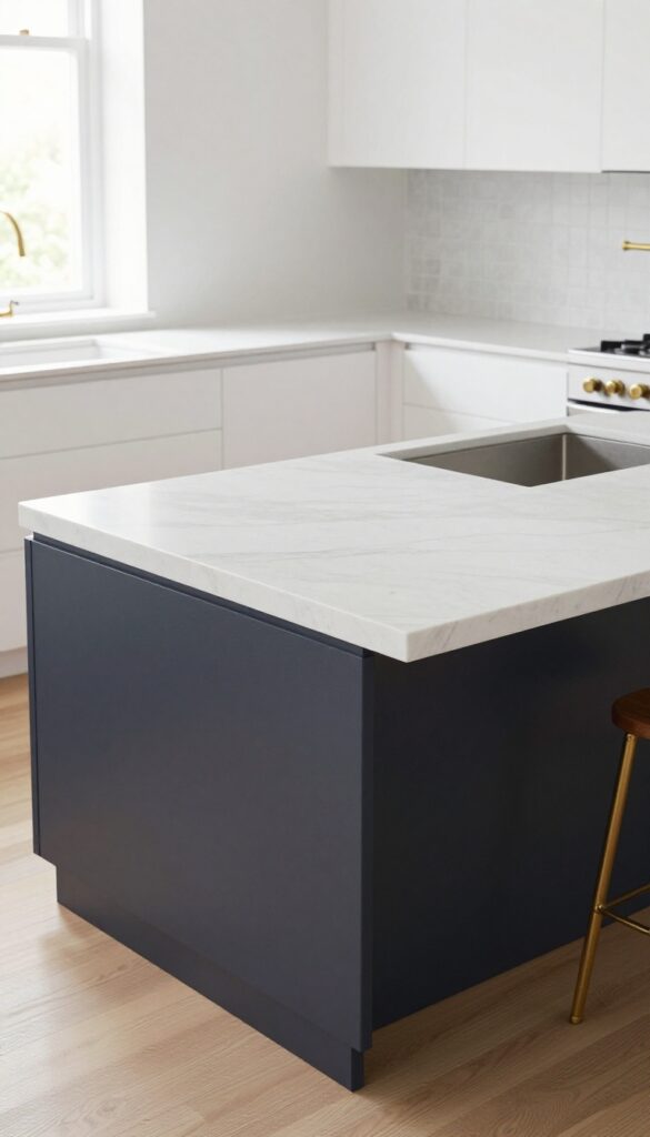 Modern two-tone kitchen island with dark navy base and white quartz countertop in bright natural light
