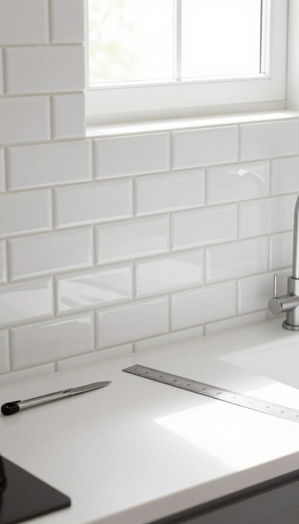 Close-up of glossy white peel-and-stick subway tile backsplash with natural light, utility knife and ruler on counter.