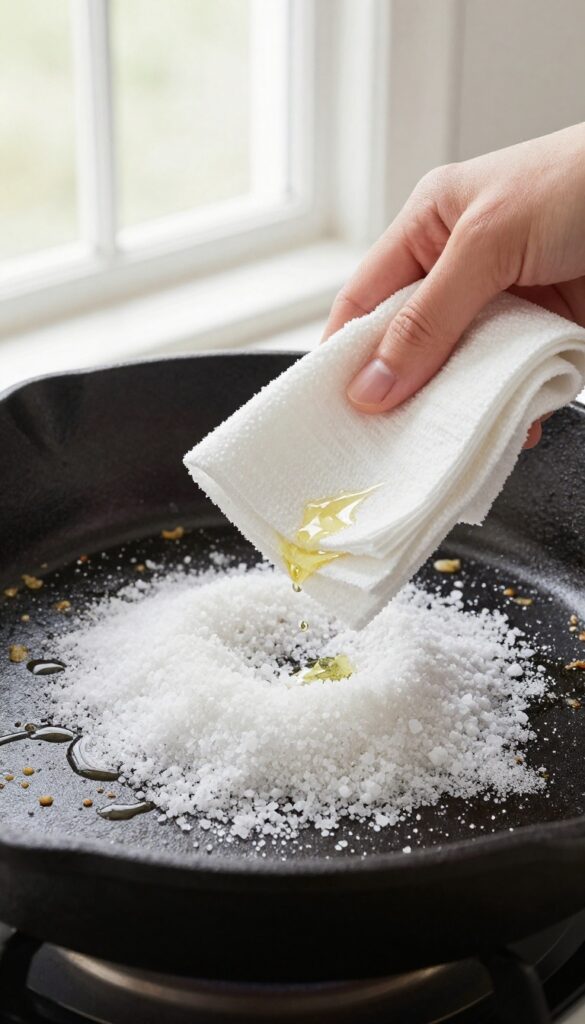 Coarse salt being used as a gentle abrasive to scrub a cast iron skillet, with oil and a paper towel.