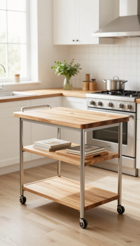 A slim rolling cart with butcher-block top next to a kitchen range, providing extra prep space