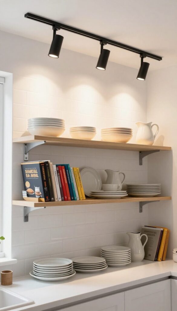 Adjustable track lighting above open shelving in a bright kitchen
