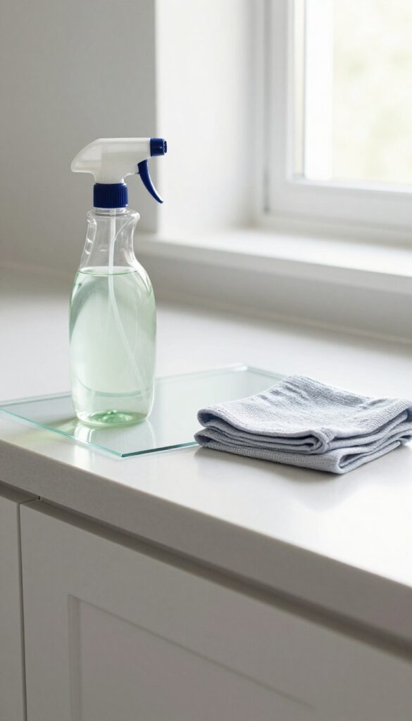 Oven glass door cleaned with vinegar and water, showing a streak-free shine, with a spray bottle and microfiber cloth nearby.