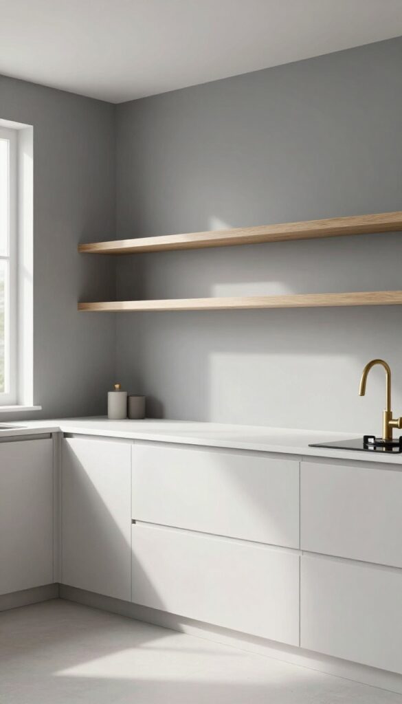 Modern kitchen with charcoal gray walls, white countertops, brass hardware, and natural light