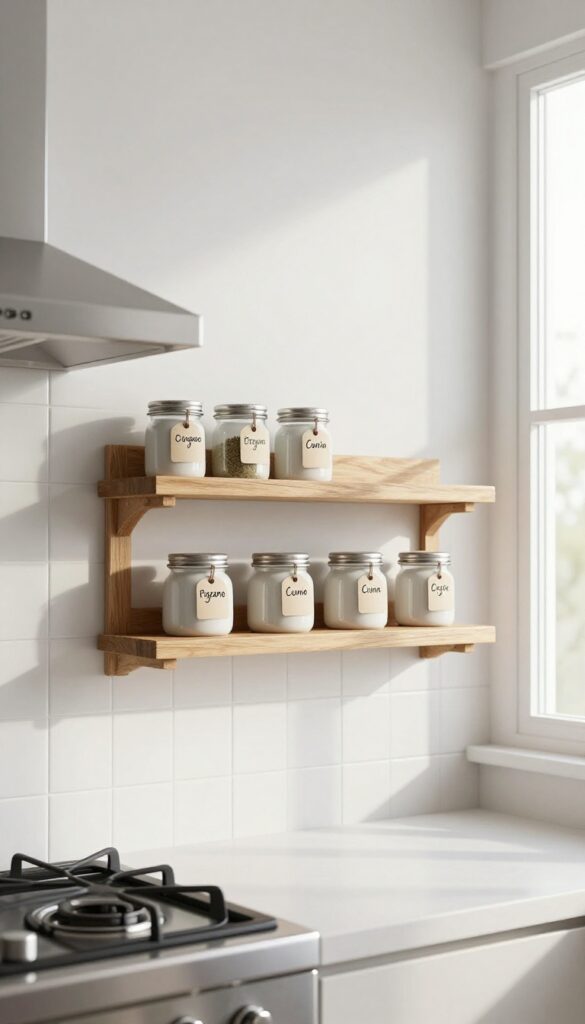 Narrow wooden shelf above stove holding small spice jars, bright kitchen backsplash