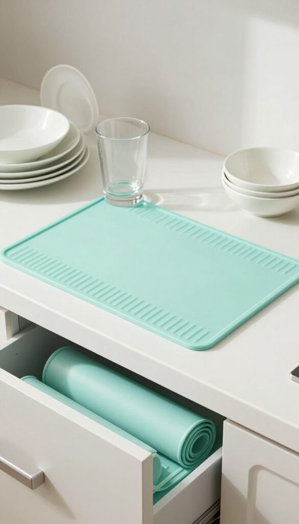 Silicone dish drying mat on kitchen counter with dishes, rolled mat in drawer, bright natural light
