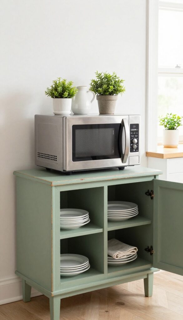 A distressed sage green sideboard with a microwave on top, coffee accessories, and a plant, set against a white kitchen wall in soft natural light.