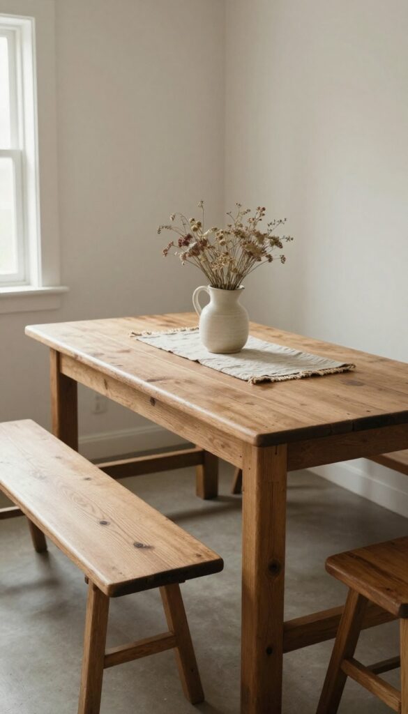 Cozy kitchen booth with a vintage farmhouse table as the centerpiece, styled with a linen runner and dried flowers.