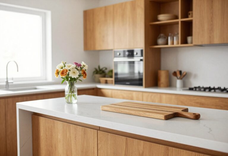 Bright white kitchen countertop with warm wood accents and natural light