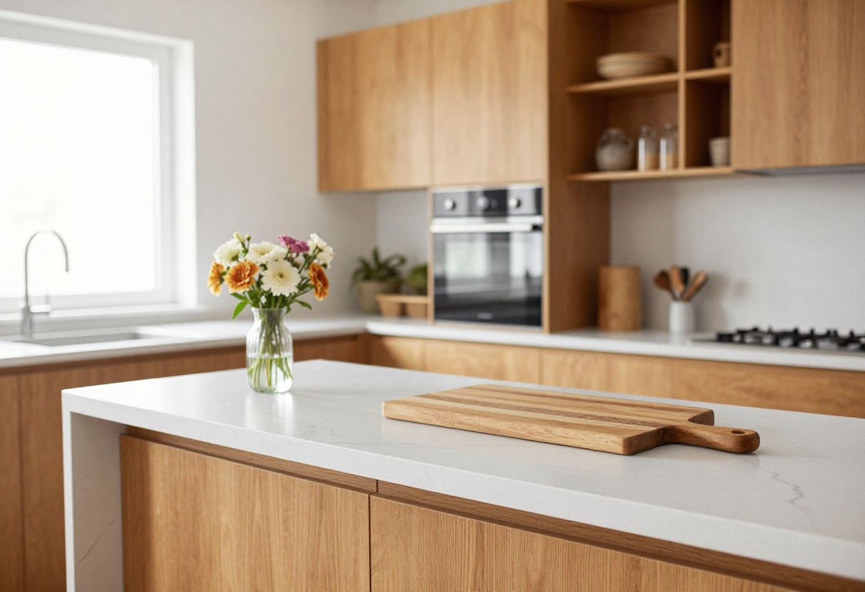 Bright white kitchen countertop with warm wood accents and natural light