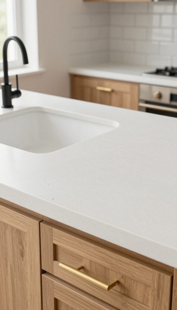 White concrete countertop with subtle texture, warm wood cabinets, brass hardware, and natural light in a cozy kitchen