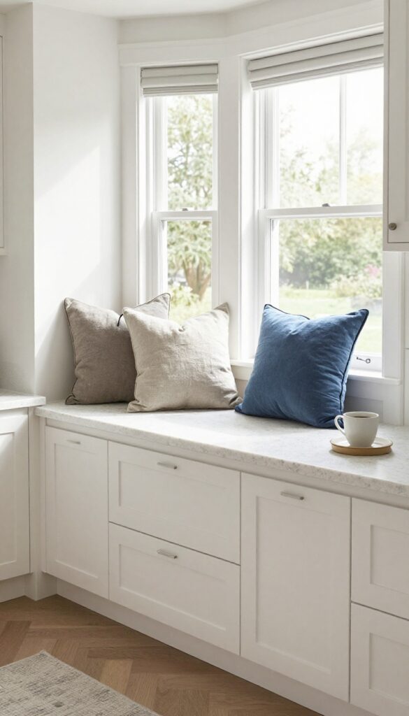 Bright kitchen nook with built-in bench and hidden storage under bay window
