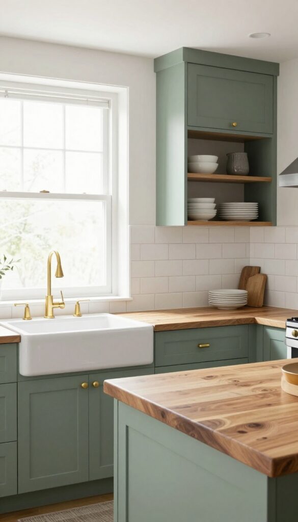Modern kitchen with green shaker cabinets, white subway tile, and wood countertop