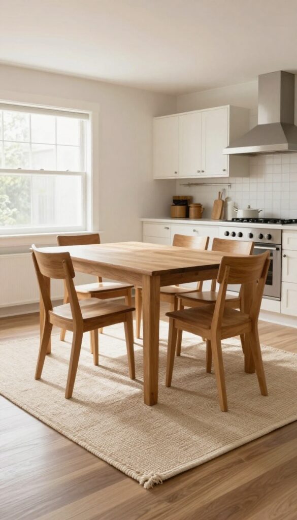 A rug under a dining table in an eat-in kitchen, defining the dining zone with warm neutral tones and natural light.