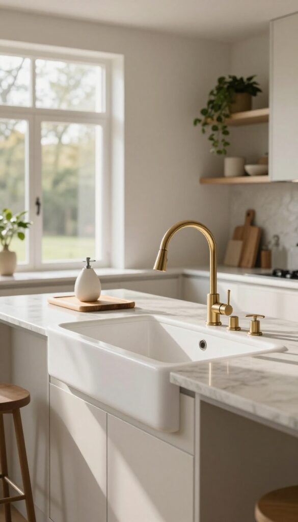Deep single basin sink with gooseneck faucet on a kitchen island