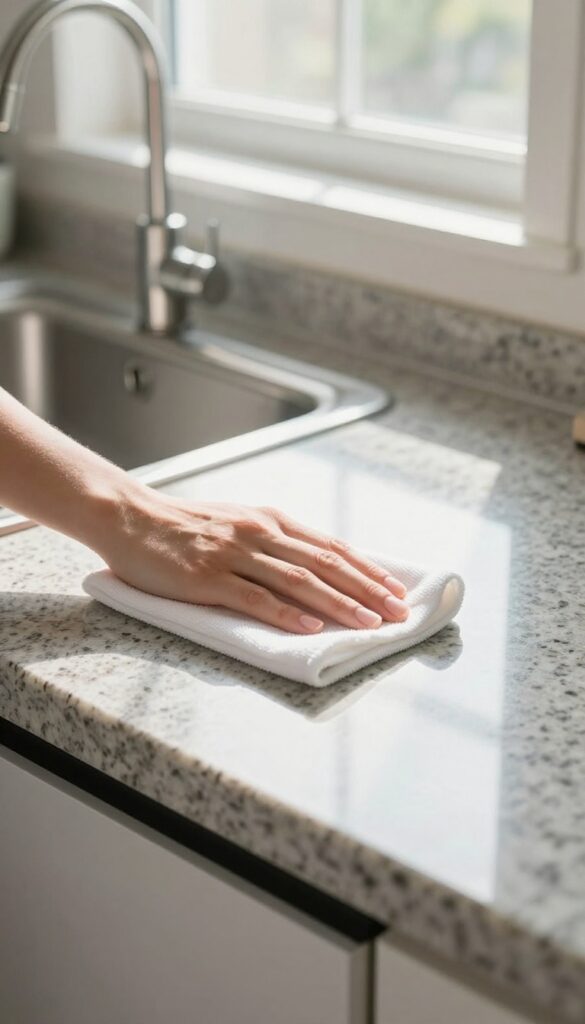 Hand wiping a clean kitchen counter with a microfiber cloth, bright natural light, spotless appliances and sink.