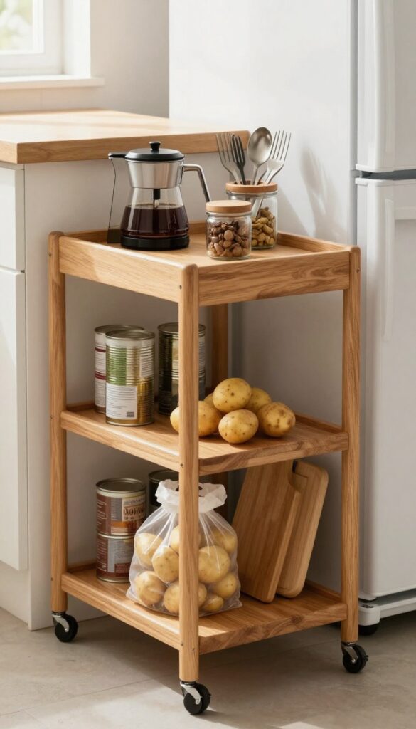 Slim rolling cart between fridge and counter with wooden top and storage shelves