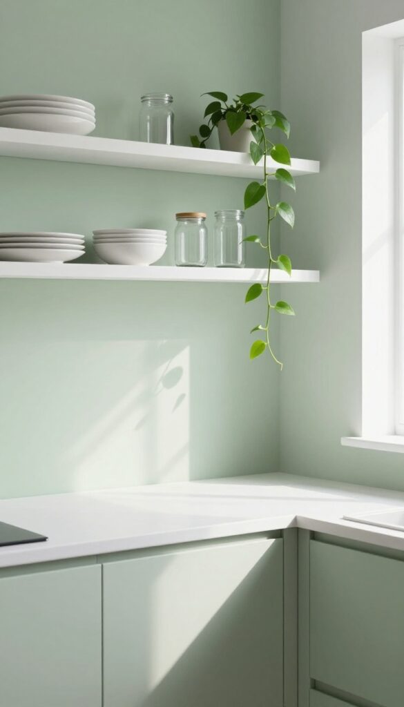 Small kitchen with sage green walls and minimalist white floating shelves, bright natural light, clean and airy