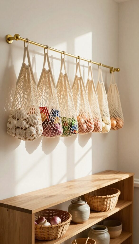 Hanging mesh bags filled with produce and snacks in a warm, rustic pantry.