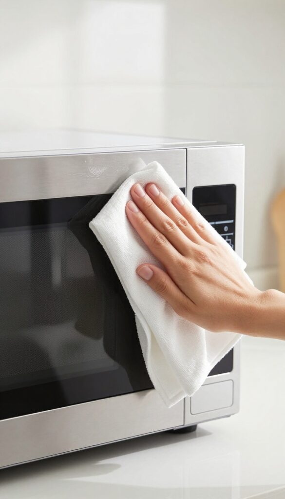 Cleaning microwave exterior and control panel with a microfiber cloth