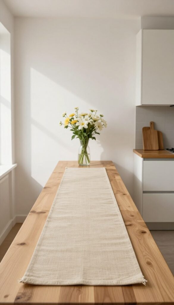 Slim flatweave runner under narrow kitchen table against wall, natural light, neutral tones