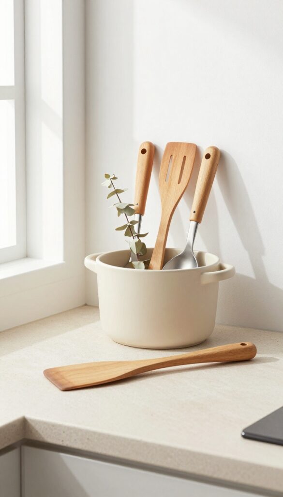 Minimalist utensil crock on kitchen counter with wooden spatula, slotted spoon, tongs, and dried eucalyptus in natural light