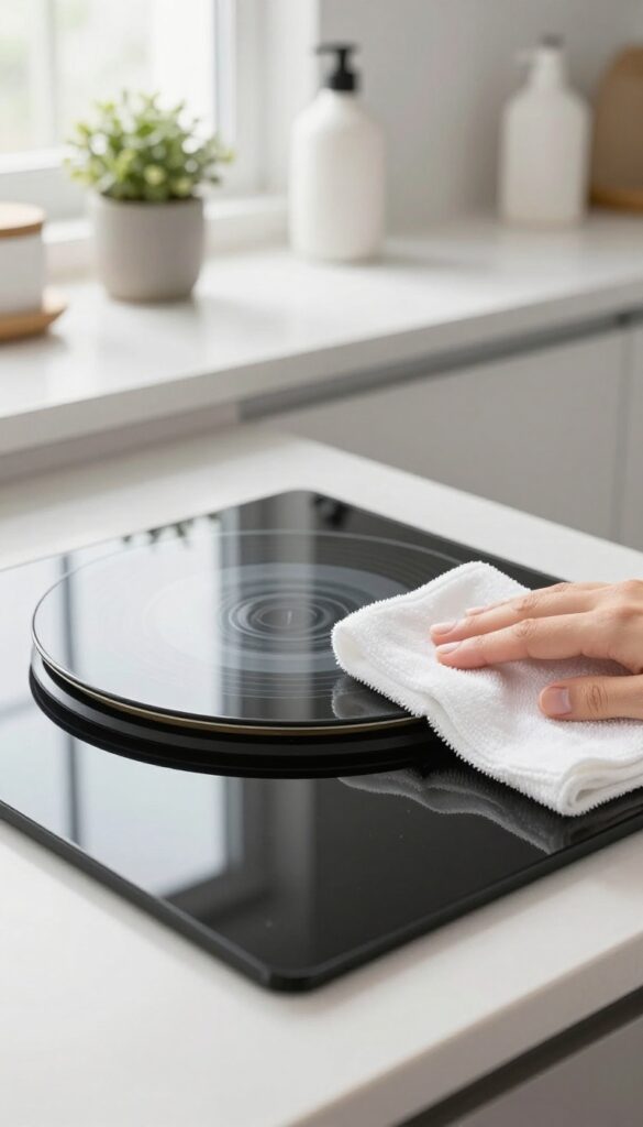 Hand buffing a shiny ceramic glass cooktop with a microfiber cloth, reflecting bright natural light.