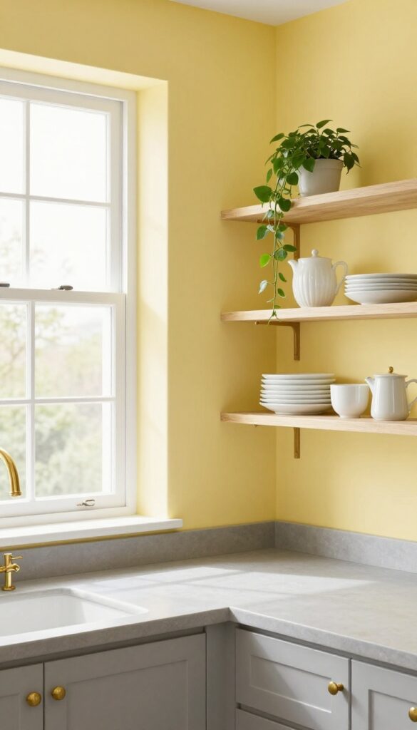 Butter yellow kitchen walls with gray countertops and brass hardware, sunny morning light