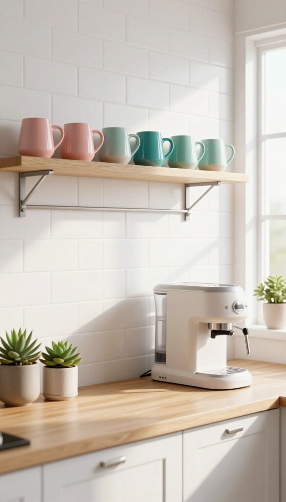 A kitchen mug wall with a rail of colorful mugs above a coffee station, open shelving, and bright natural light.
