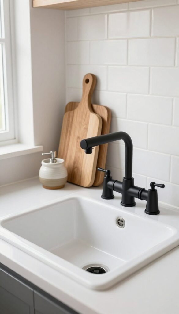Modern farmhouse sink with matte black bridge faucet, wooden cutting board, and ceramic soap dispenser in bright kitchen