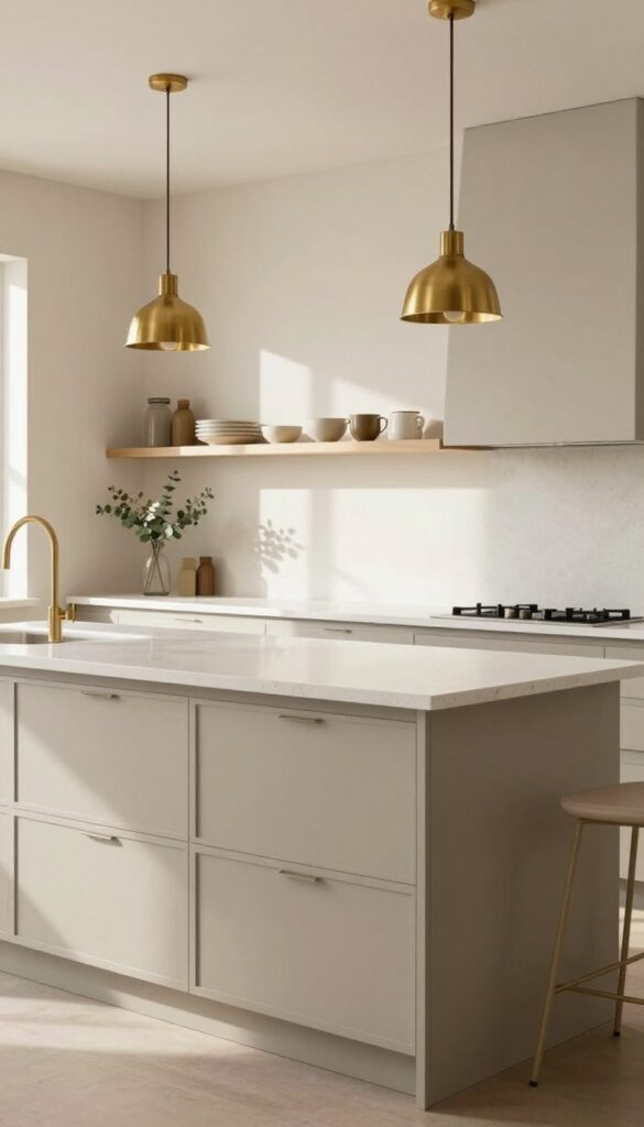 Large kitchen island with handleless drawers, slim backless stools, warm gray cabinetry, and brushed brass pendant light in natural light
