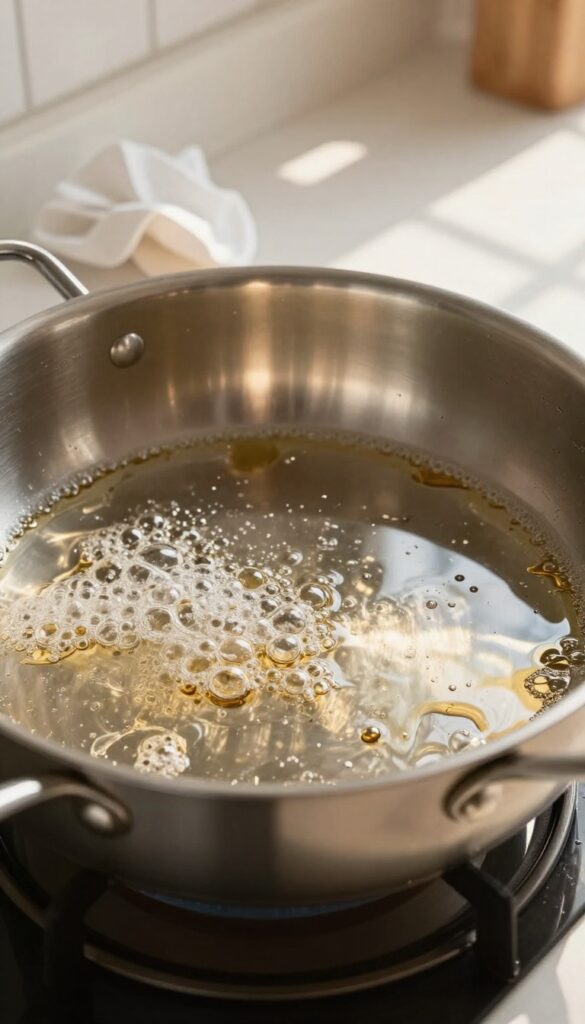 Club soda fizzing on a greasy pan to lift fresh grease spills