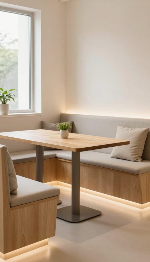 Cozy kitchen booth with warm under-bench lighting creating a floating glow effect