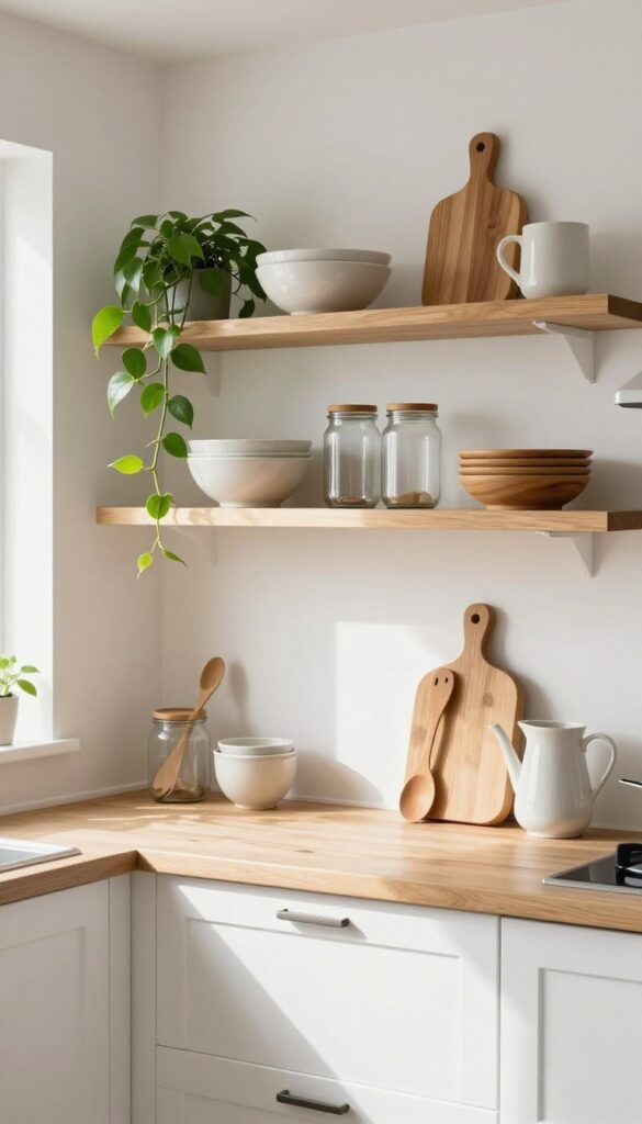 Open shelving in a kitchen displaying thrifted ceramic bowls, wooden boards, and glass jars with a trailing plant, bright natural light.
