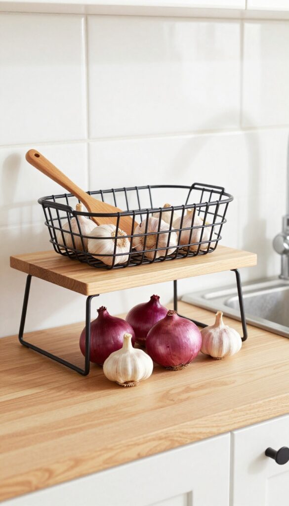 Under-shelf wire basket storing garlic and onions in a small Indian kitchen