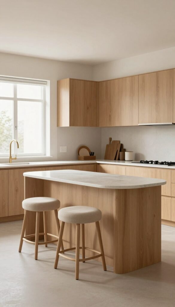 Curved kitchen peninsula with oak countertop and two beige stools in a bright, open-plan kitchen