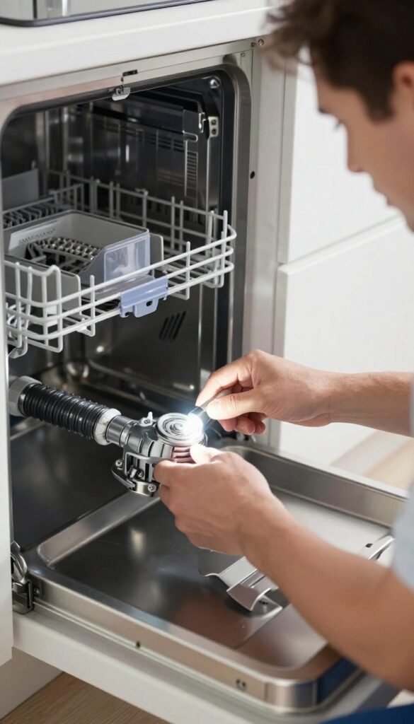 Professional technician inspecting dishwasher interior with flashlight