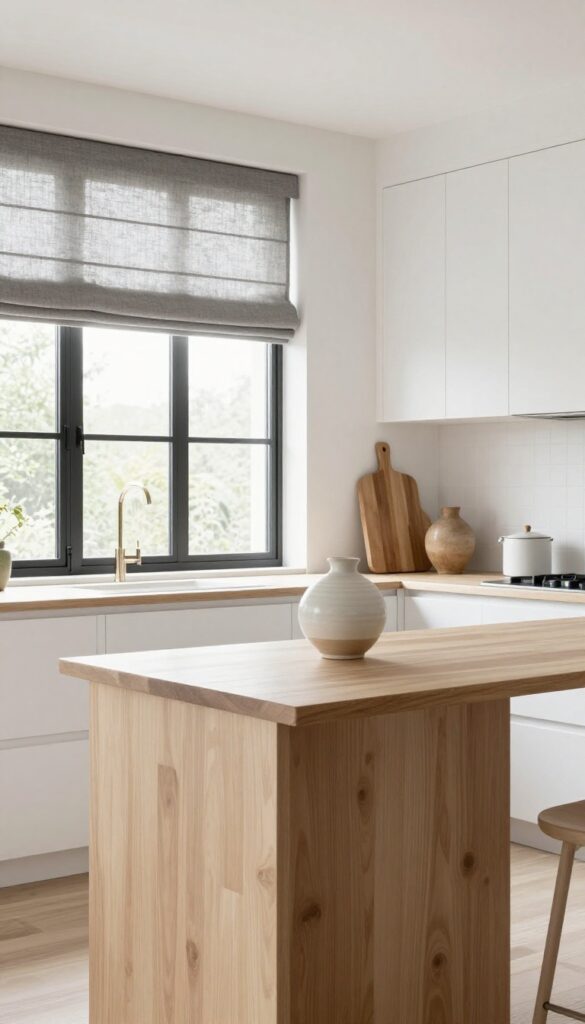 Kitchen with black window frames and grey Roman shades, white cabinets, light wood island, natural light, warm and inviting.