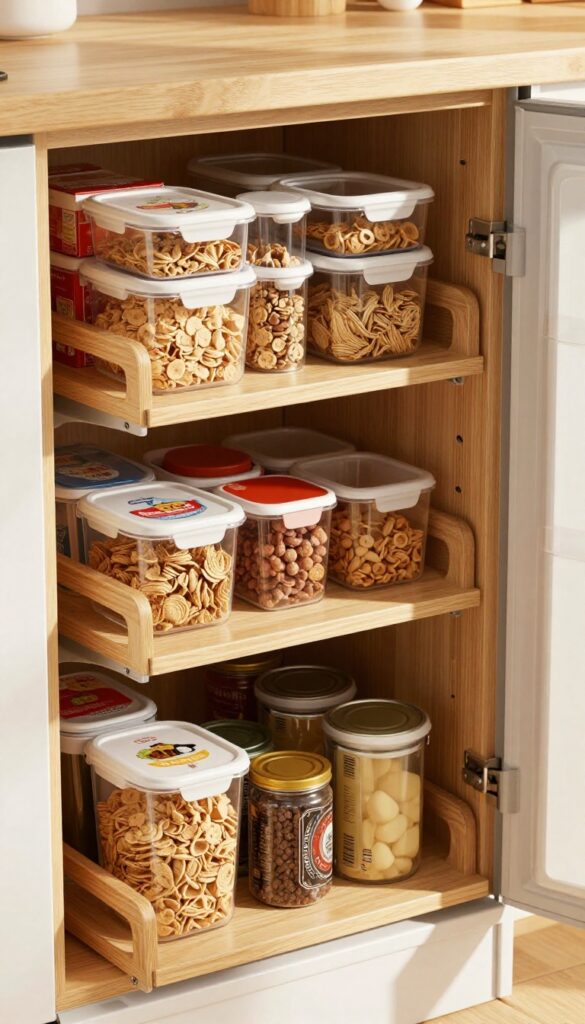 Pull-out pantry shelves in a kitchen alcove with organized dry goods in clear containers