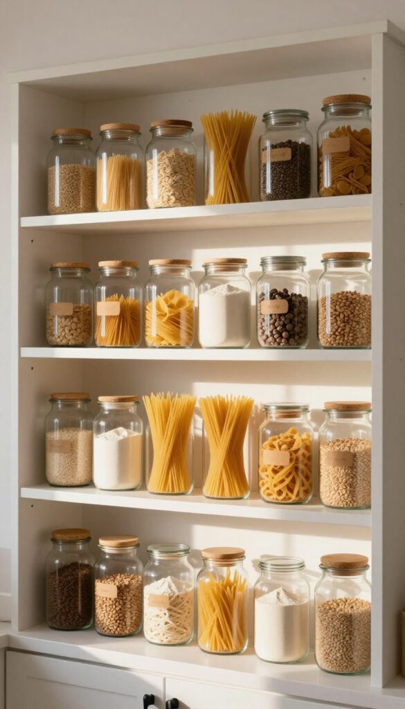 Glass jars neatly arranged on open pantry shelves, filled with pantry staples like pasta and flour, with cork lids and chalk labels, warm natural lighting.