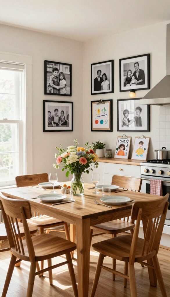 Cozy kitchen dining table with a family photo gallery wall on the side, warm lighting, and fresh flowers.